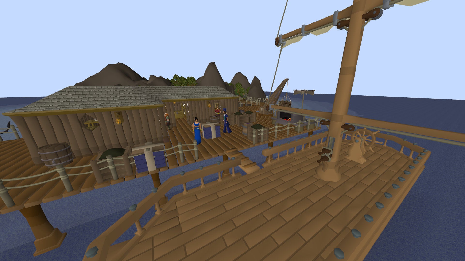 A port in the oceans of Old School RuneScape, with members of the Trader Crew wearing blue on the dock.