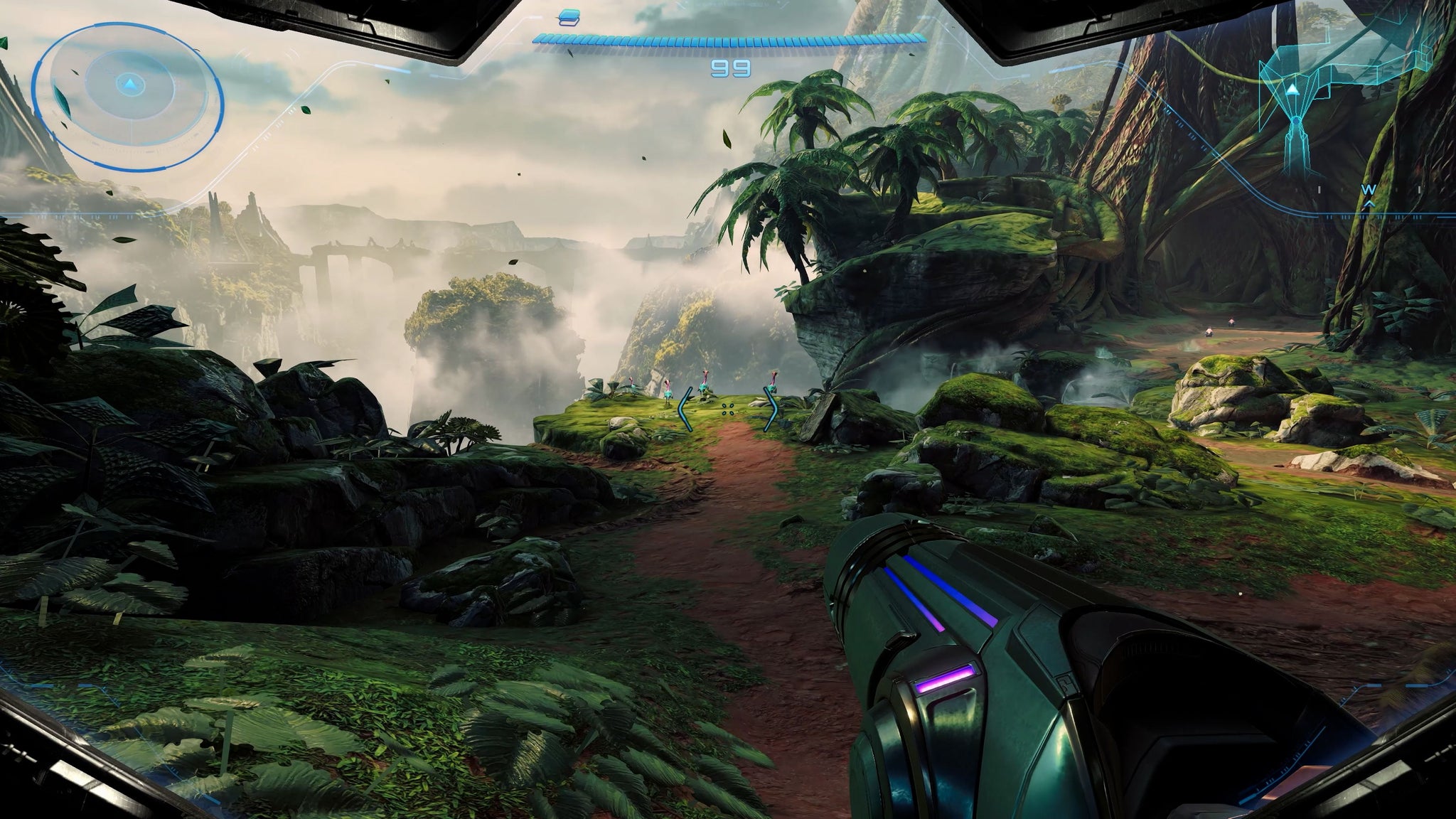 Metroid Prime 4 Beyond screenshot showing a lush jungle environment with steamy trees