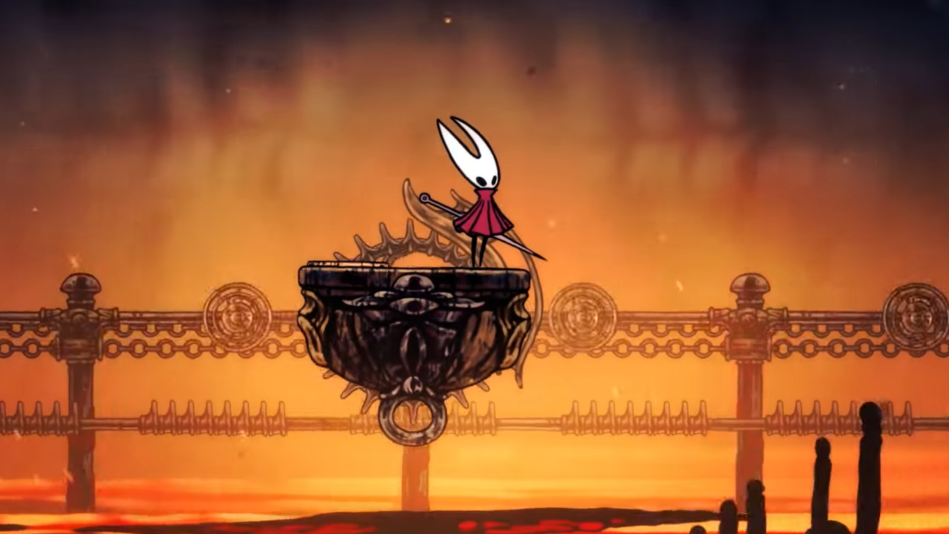 Hollow Knight Silksong's Hornet on top of a platform against an orange background