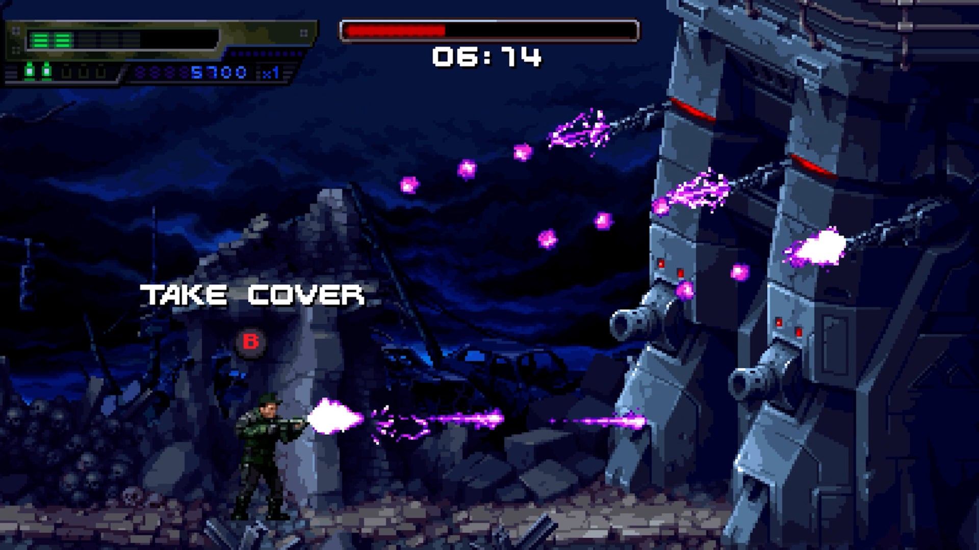 Terminator 2D: No Fate screenshot showing the defensive wall boss firing purple bullets at John Connor.