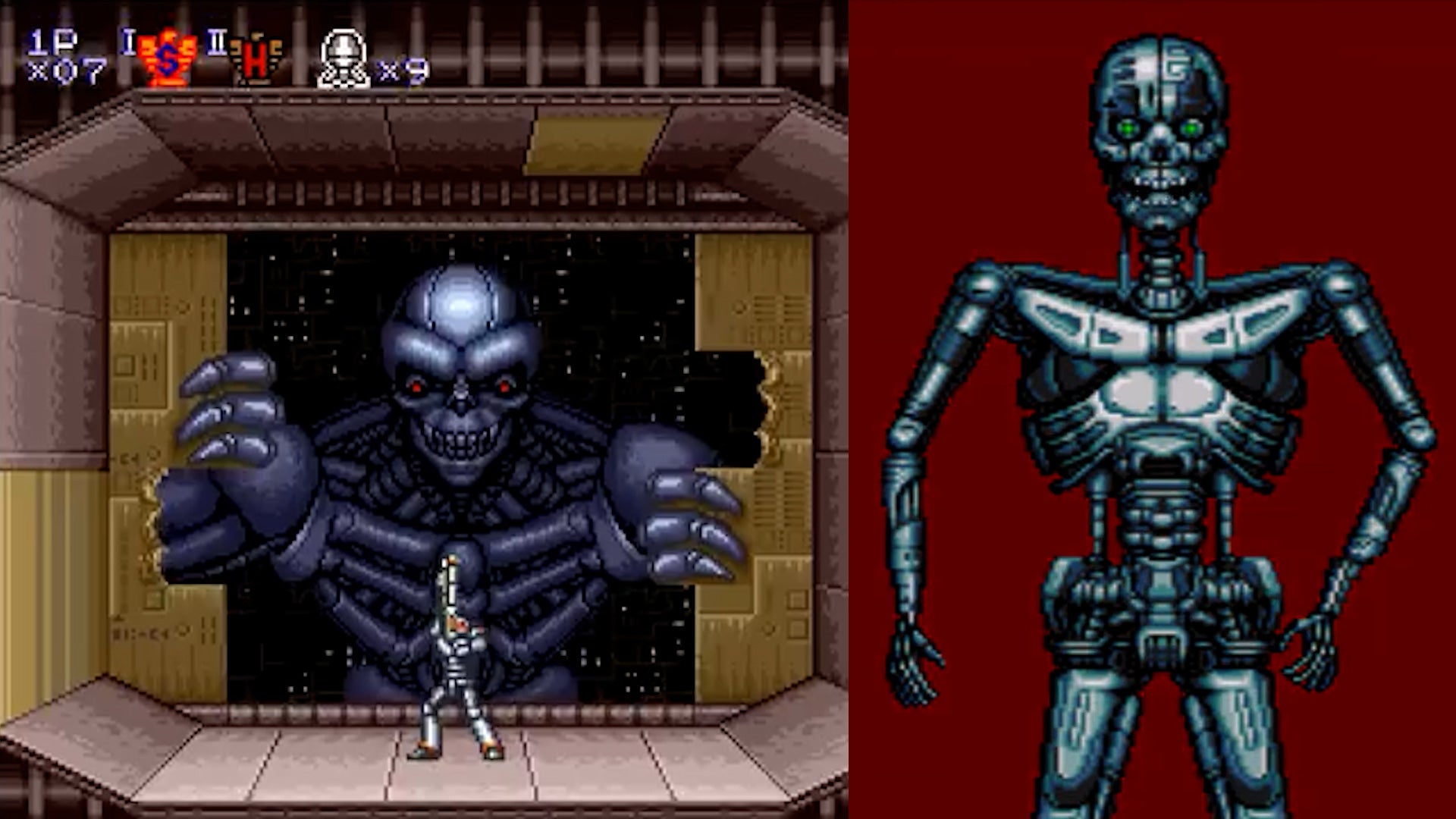 On the left side of the screenshot we see the giant robot Big Fuzz bursting through a wall, on the right we see an image of the robotoic skeleton of a Snatcher from the game Snatcher.