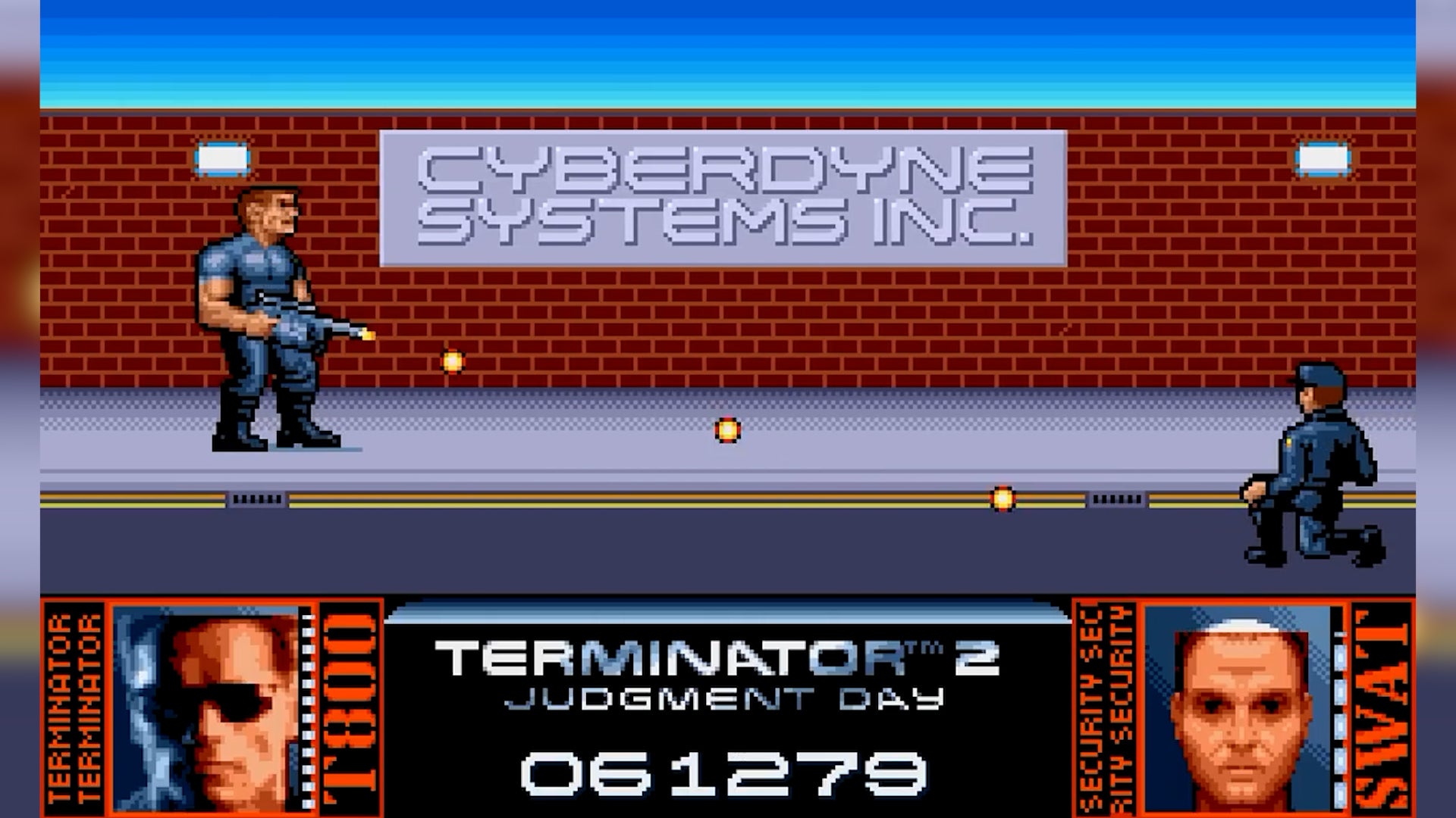 Terminator 2 screenshot showing the T-800 standing next to a brick wall. Cyberdyne Systems is written in silver on the wall.