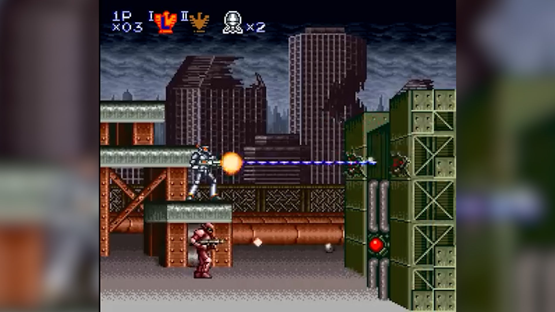 Super Probotector screenshot showing the defensive wall boss being shot at by a silver Probotector robot.