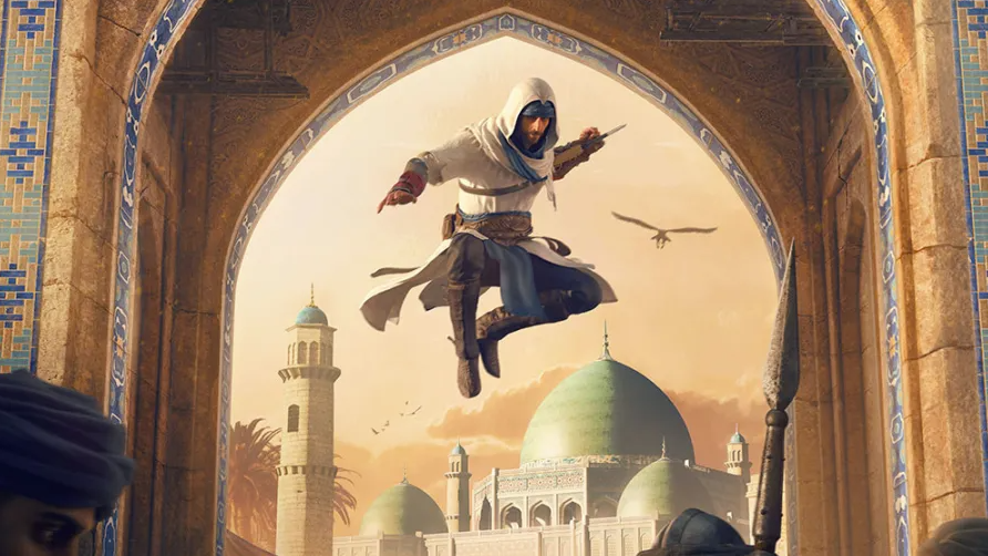 Assassin's Creed Mirage artwork showing hero Basim leaping down, arm raised.