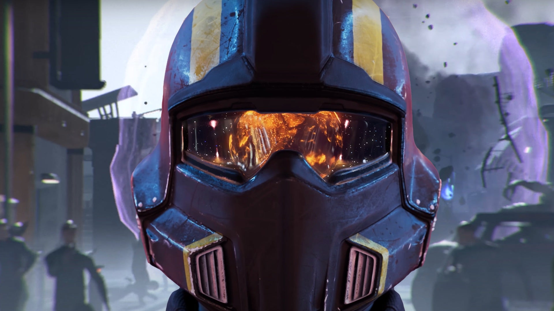 Helldivers 2 image showing a close-up of a Helldivers helmet as a chaotic scene of destruction unfolds in the background.