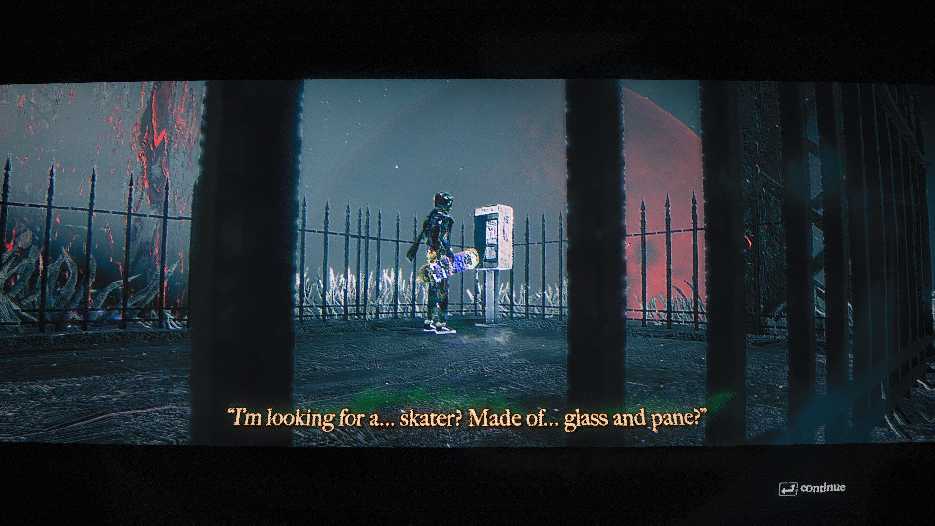Skate Story screenshot showing the Skater using a public phone booth while the caption shows the person on the other line says “I’m looking for a…skater? Made of… glass and pane?” (sic; pun on “pain”)