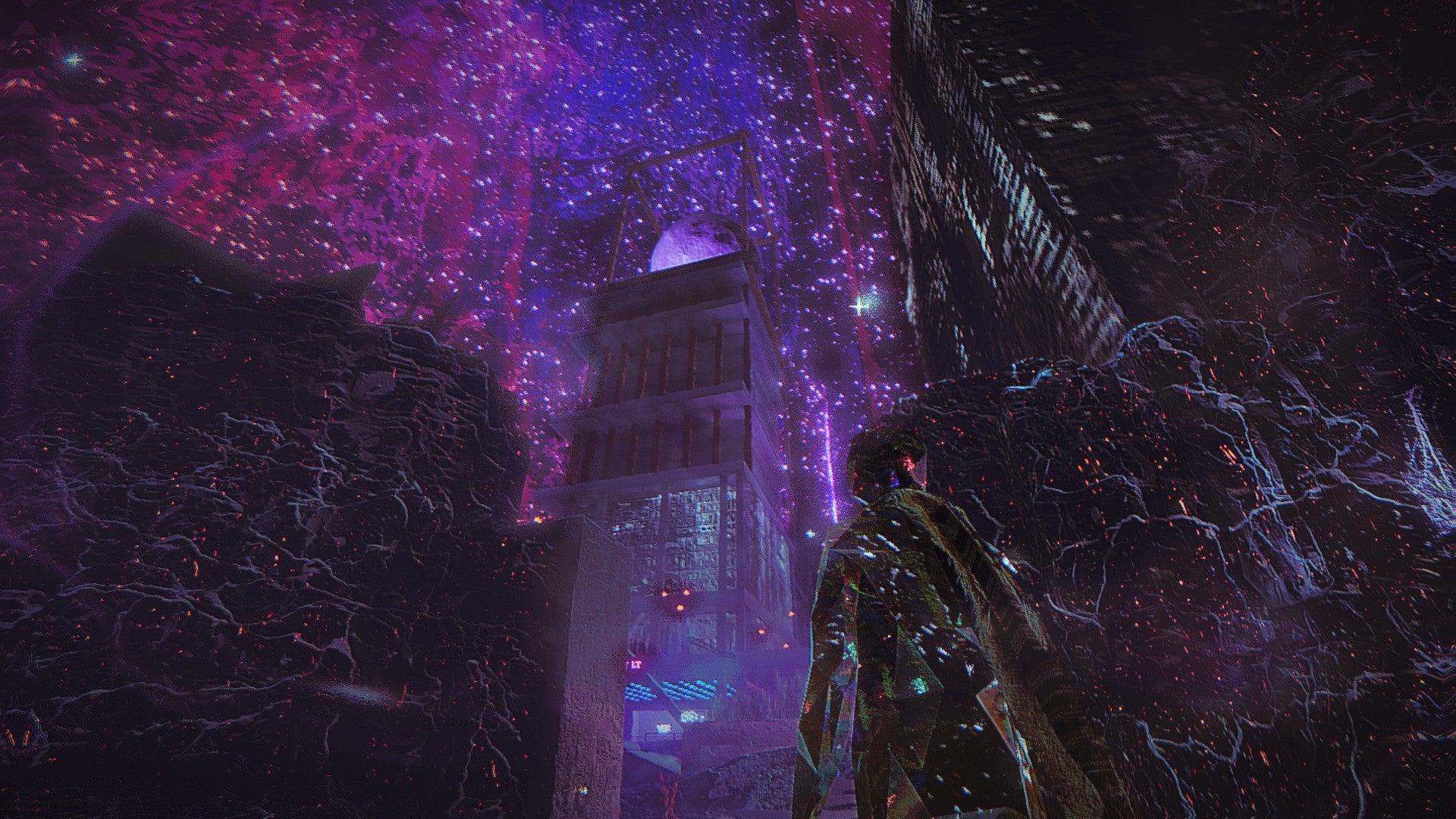 Skate Story screenshot showing a gorgeously ethereal decaying city from the Skater’s perspective with the violet moon sitting atop a tall building