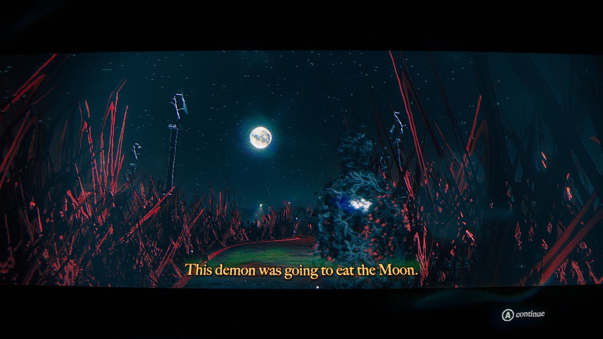 Skate Story screenshot showing a nebulous grey humanoid figure gazing up at a bright moon, with the caption “The demon was going to eat the Moon.”