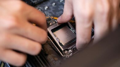 Close-up view of modern computer processors and CPU components on motherboard