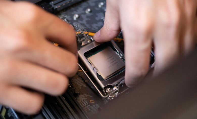 Close-up view of modern computer processors and CPU components on motherboard