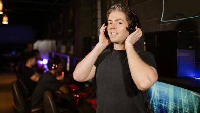 Professional gaming headset on desk with RGB lighting for competitive gaming communication