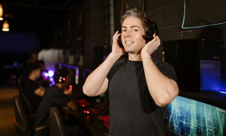 Professional gaming headset on desk with RGB lighting for competitive gaming communication