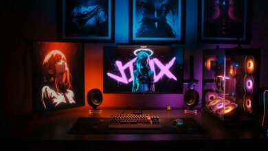 Professional gaming setup with fighting game controller and monitor displaying competitive match