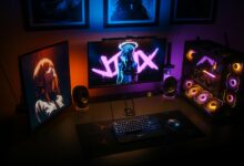 Gaming streaming setup with monitors, keyboard, and professional lighting equipment