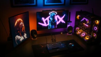 Gaming streaming setup with monitors, keyboard, and professional lighting equipment