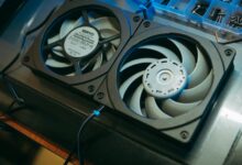 Close-up view of computer cooling fan and heat sink components