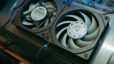 Close-up view of computer cooling fan and heat sink components