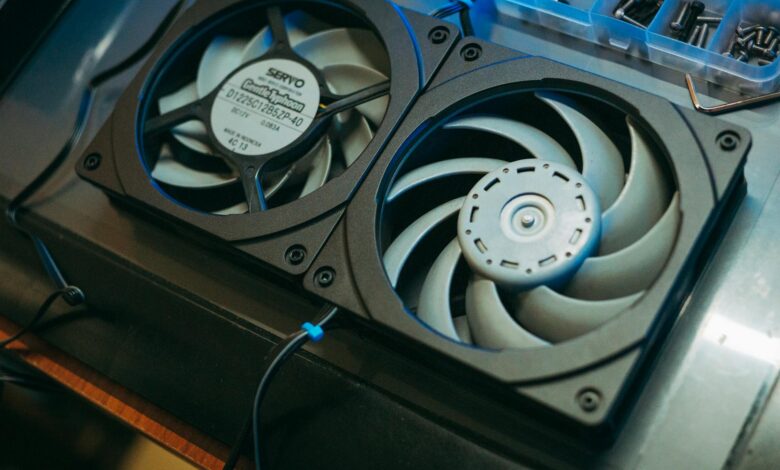 Close-up view of computer cooling fan and heat sink components