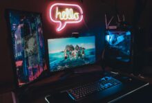 High-end gaming setup with multiple monitors displaying detailed graphics