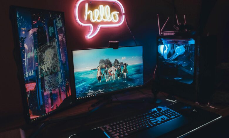 High-end gaming setup with multiple monitors displaying detailed graphics