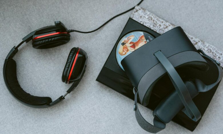 Person wearing virtual reality headset while gaming