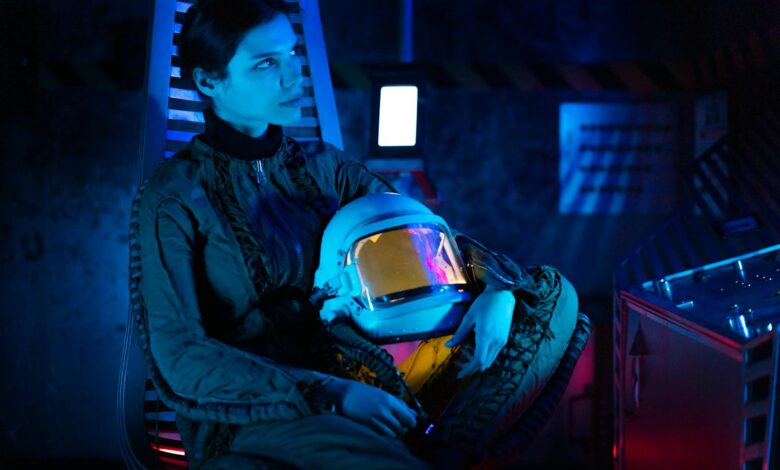 Futuristic spacecraft cockpit interior with control panels and displays