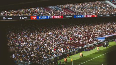 Large crowd of enthusiastic fans cheering in a modern sports stadium
