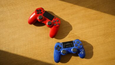 Multiple gaming controllers from different console brands arranged together