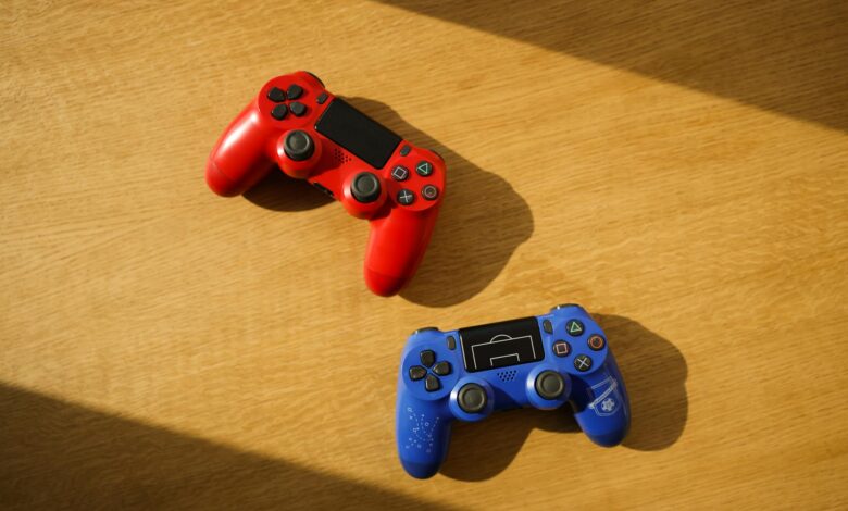Multiple gaming controllers from different console brands arranged together