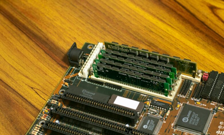 Close-up view of DDR memory modules installed in motherboard slots