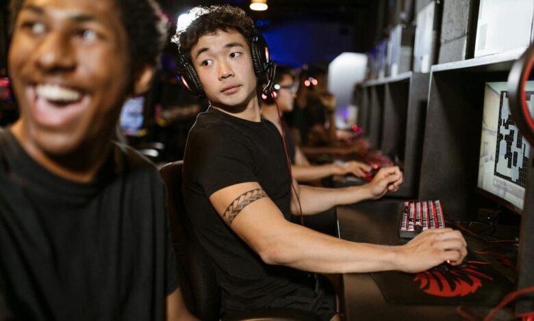 Professional esports arena with gaming stations and screens