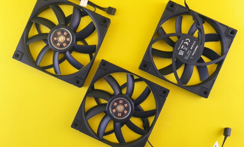 Close-up of high-performance CPU cooler with heat pipes and fan assembly