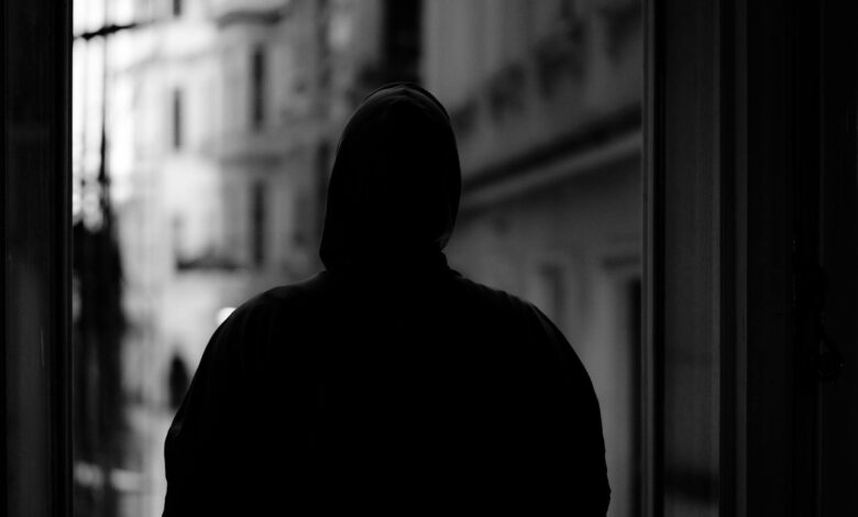 Mysterious hooded figure in shadows representing stealth gameplay mechanics