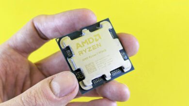 Close-up view of a modern CPU processor showing intricate circuitry and pins