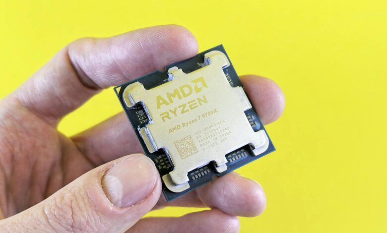 Close-up view of a modern CPU processor showing intricate circuitry and pins