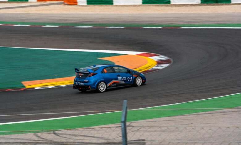 Professional racing car on circuit track showcasing high-speed motorsport action