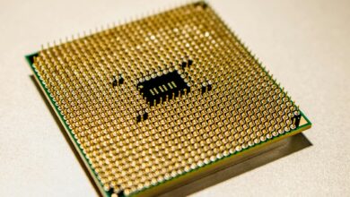 Close-up view of computer processors and semiconductor chips on circuit board