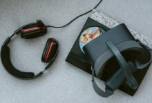 Modern gaming headset with microphone on desk setup