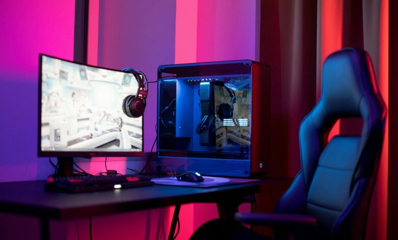 Gaming computers and monitors in an esports facility