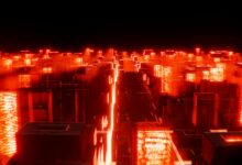 Neon-lit cyberpunk city skyline representing Night City's technological aesthetic