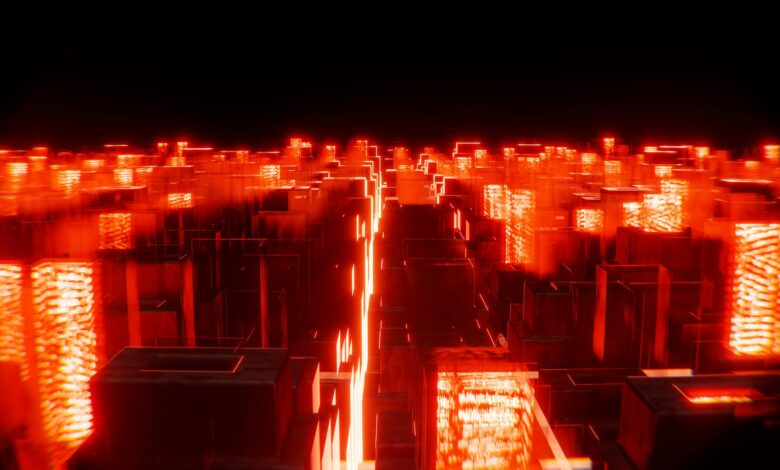 Neon-lit cyberpunk city skyline representing Night City's technological aesthetic