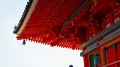 Traditional Japanese temple architecture with pagoda rooflines and wooden structures