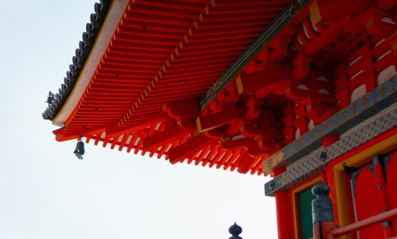 Traditional Japanese temple architecture with pagoda rooflines and wooden structures