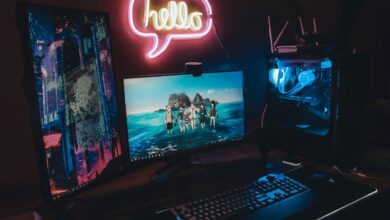 Modern gaming setup with multiple monitors and gaming peripherals