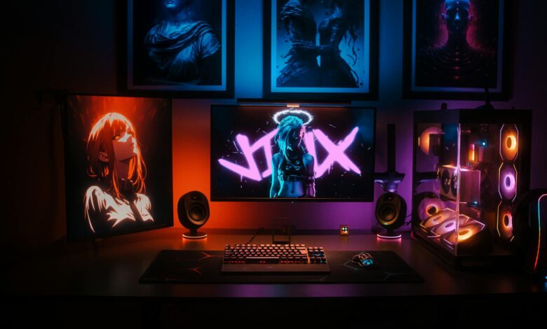 Professional gaming setup with multiple monitors and mechanical keyboard for esports training