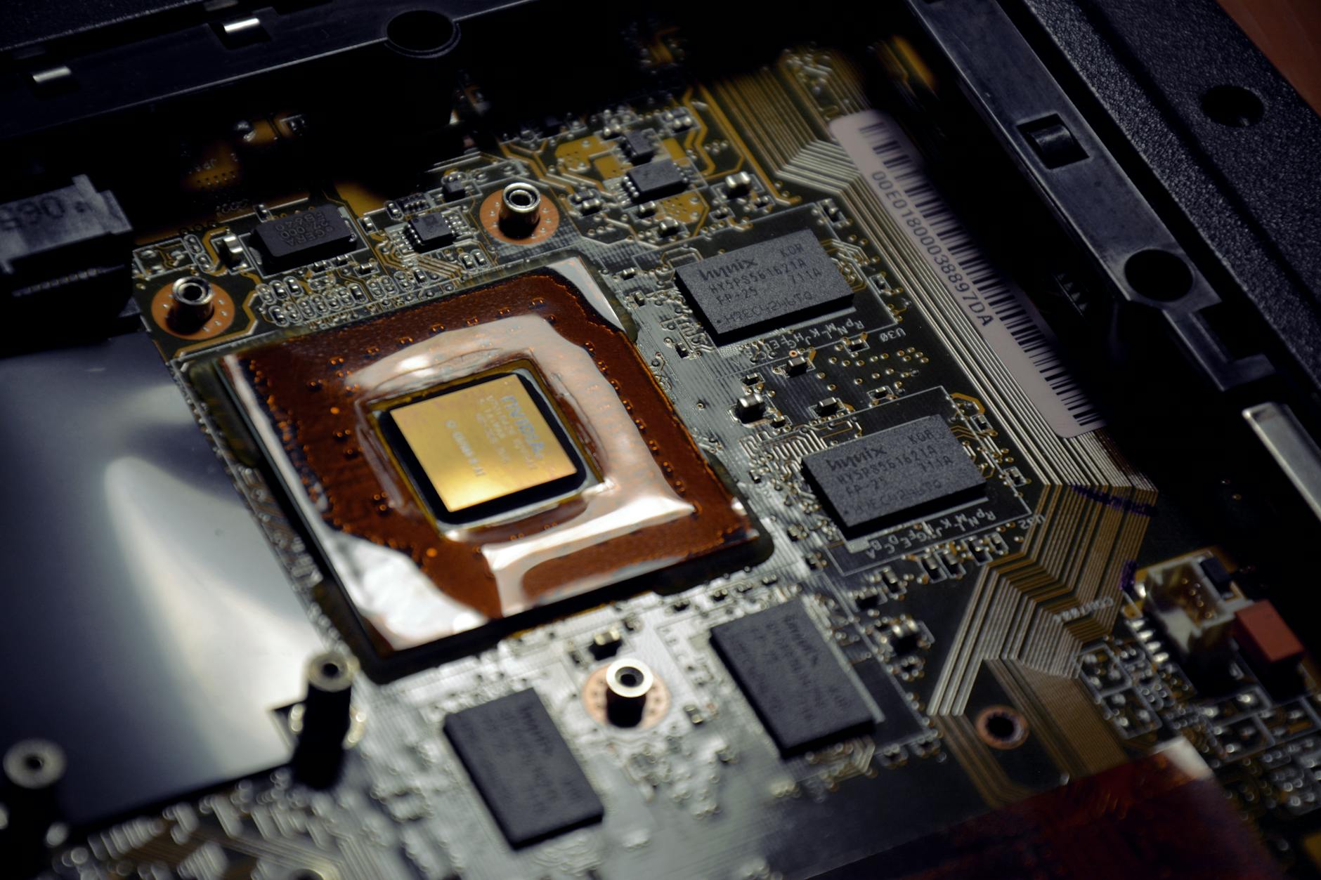 Close-up view of a modern CPU processor chip on a motherboard