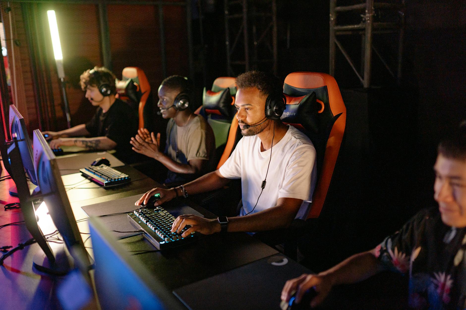 Competitive gaming tournament arena with players competing in fighting game match