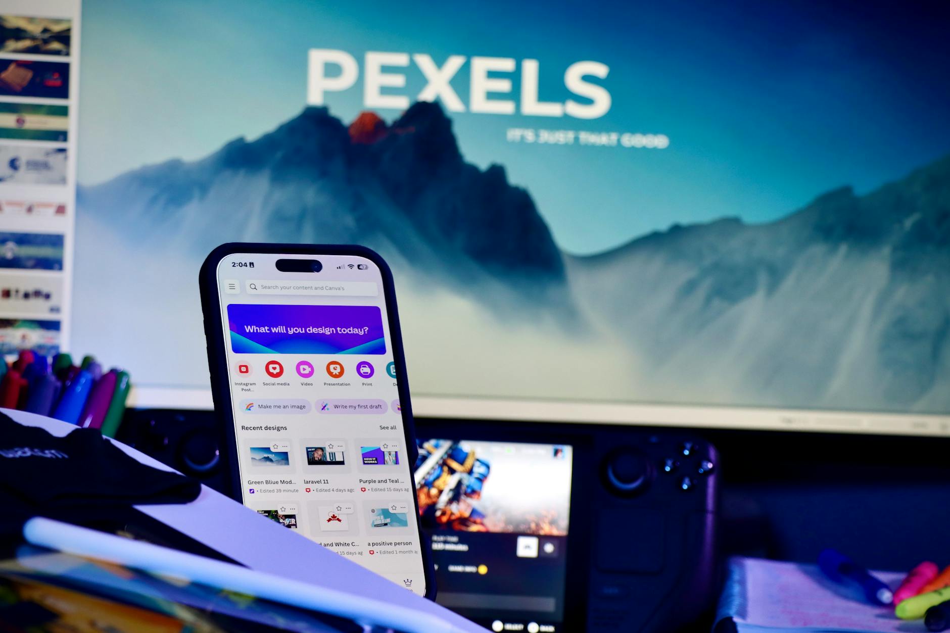 Digital content creation workspace with design tools and interface elements