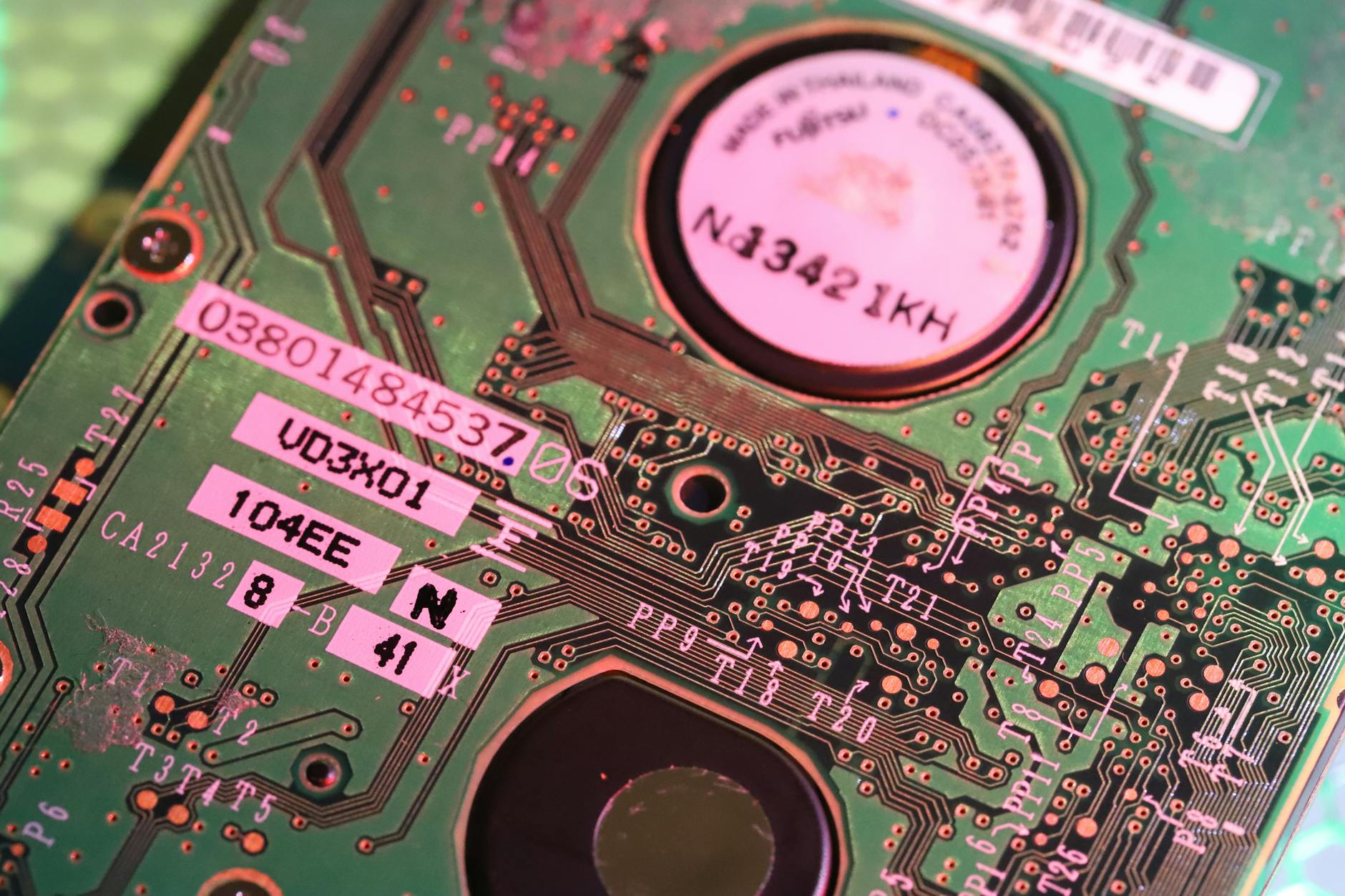 Close-up view of computer circuit board with electronic components
