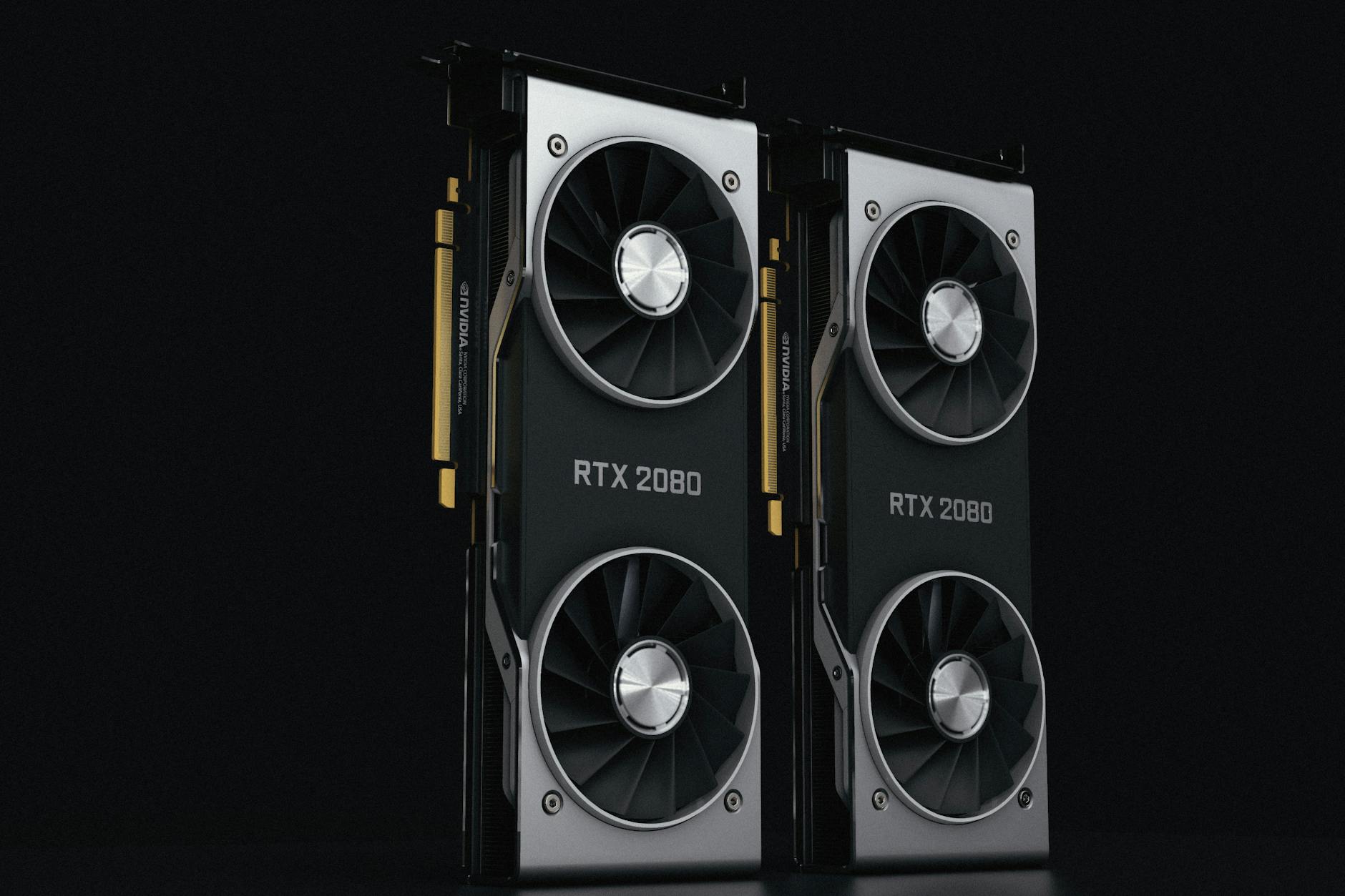 Close-up of a high-end graphics card showing cooling fans and heatsink design